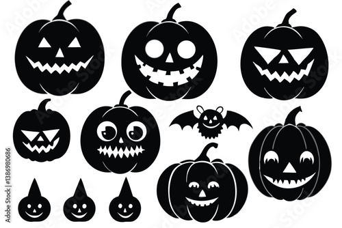 Set of Halloween scary pumpkins. Flat style spooky creepy pumpkins.
