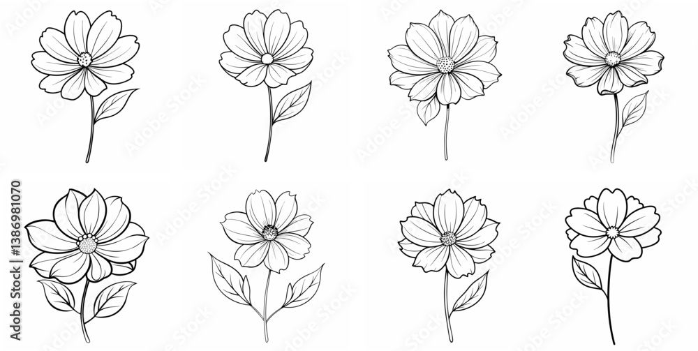 Cosmos Flower – Outline Coloring Book Line Art Set Cosmos Flower – Outline Coloring Book Line Art Set