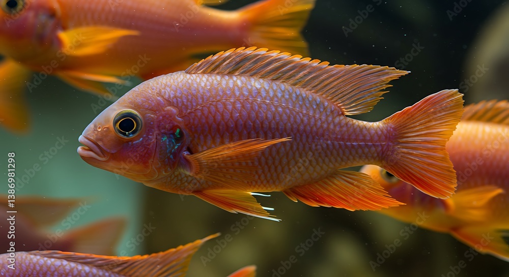 Vibrant Orange Cichlids Swimming in an Aquarium AI Generated Vibrant Orange Cichlids Swimming in an Aquarium AI Generated