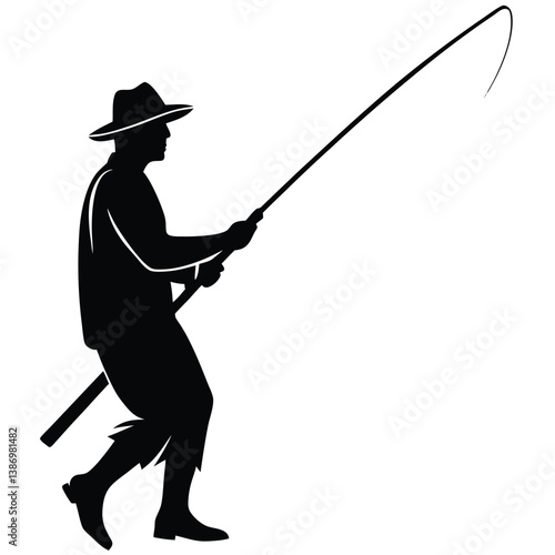 Fisherman Silhouette Catching Fish With A Rod And Hat In Black..