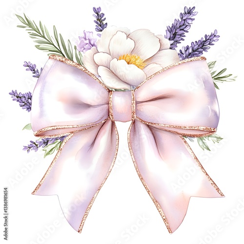 Soft pink bow with delicate floral watercolor accents