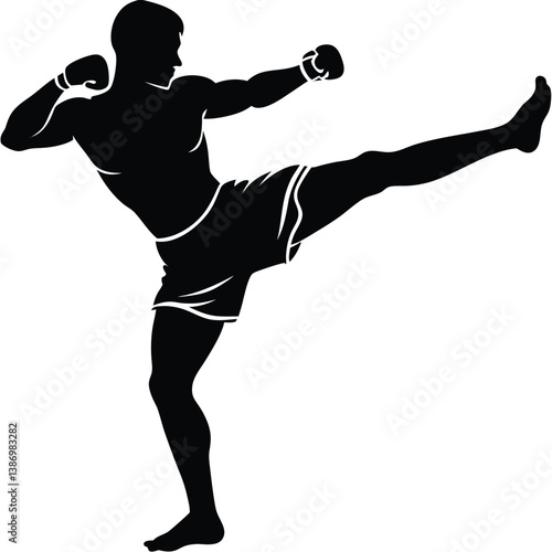 Silhouette Of A Kickboxer Delivering A Powerful Kick In Black And White background.