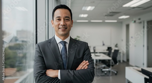 Smiling Businessman with Crossed Arms, Modern Office and Career Success Concept