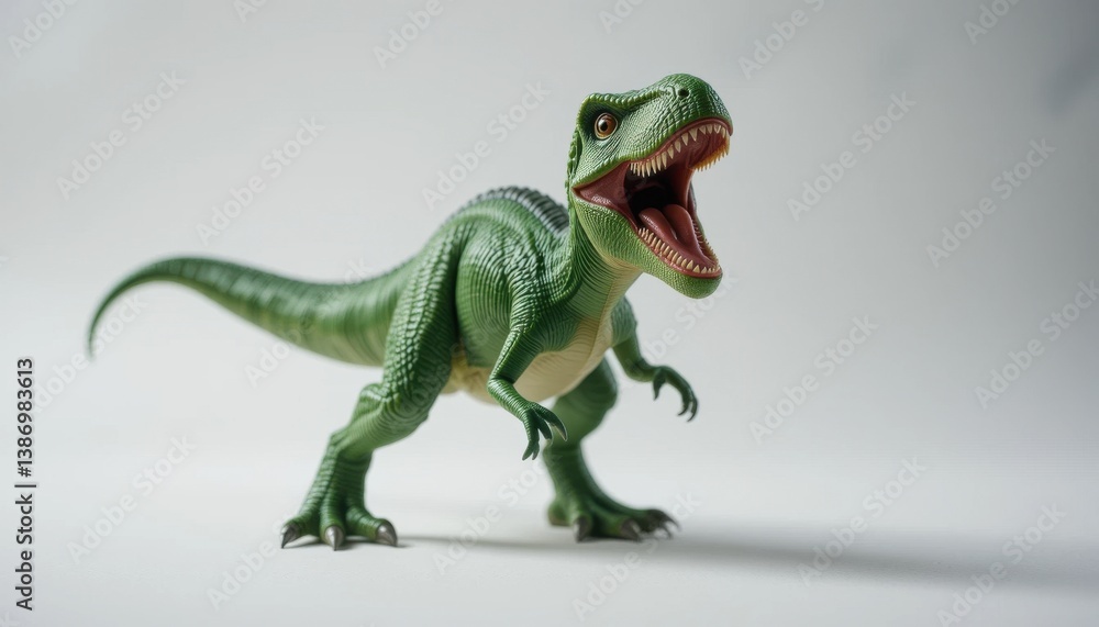 Fototapeta premium Toy Dinosaur Roaring Green Prehistoric Creature on Plain Background