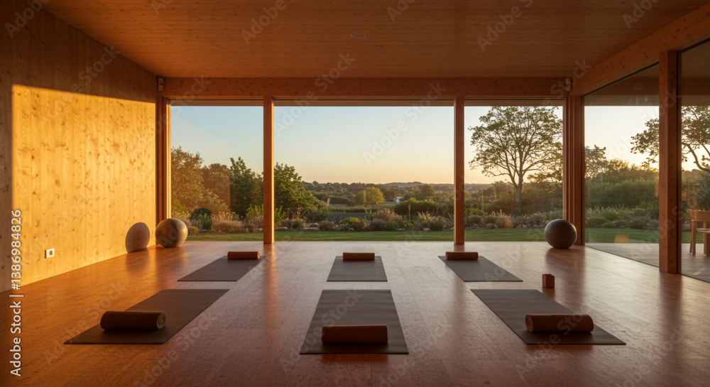 Obraz premium Minimalist Home Yoga Studio with Cork Flooring and Garden View at Sunrise