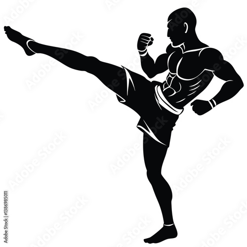 Silhouette Of Muscular Kickboxer Performing A High Kick In Martial Arts Style.