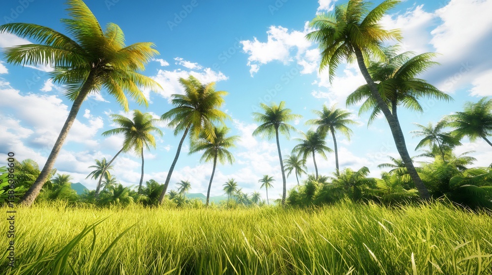 custom made wallpaper toronto digitalLush Tropical Island Paradise with Palm Trees and Golden Grass Field