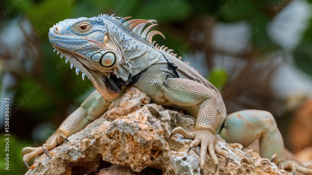 Naklejka premium Close-up of a Colorful Iguana Sunbathing on a Rock Surrounded by Lush Greenery