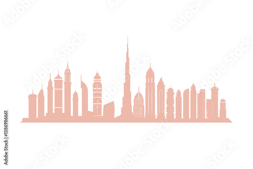 Dubai skyline silhouette with notable buildings in warm tones
