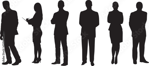 Business men and women silhouettes in different style standing pose for their office work, meeting, consulting. Vector illustration on white background. 