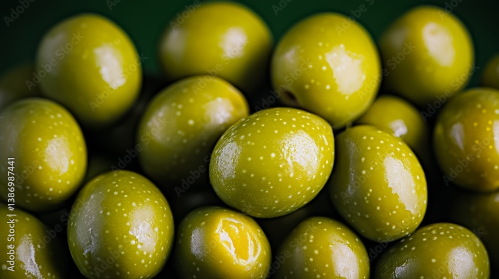 A bunch of green olives with a shiny, wet surface. The olives are arranged in a pile, with some of them slightly separated from the rest. Concept of abundance and freshness A bunch of green olives with a shiny, wet surface. The olives are arranged in a pile, with some of them slightly separated from the rest. Concept of abundance and freshness