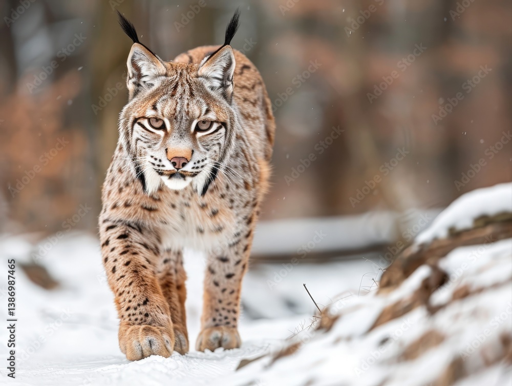 Obraz premium Majestic Lynx Walking Gracefully Through the Snowy Forest Landscape in Winter Season
