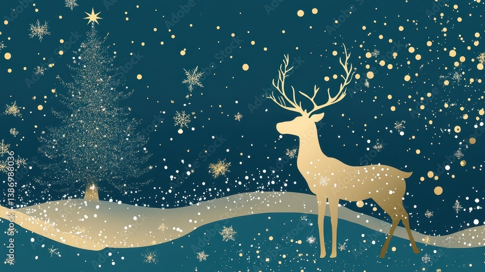 Elegant Gold Reindeer Christmas Tree Winter Scene Elegant Gold Reindeer Christmas Tree Winter Scene
