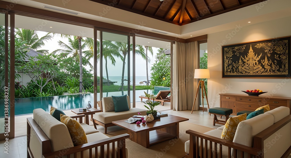 Obraz premium Tropical Villa Living Room: Ocean View Luxury Interior Design AI Generated