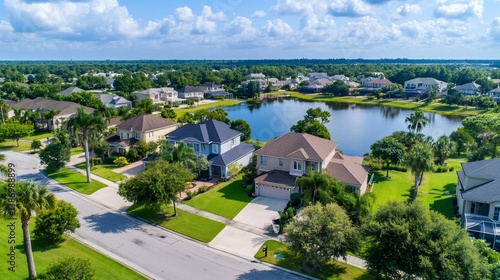 Scenic Aerial View of a Serene Residential Neighborhood with a Central Lake