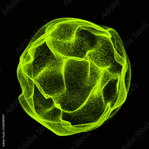 Abstract green sound sphere in the shape of distorted ball. Mesh wavy structure with flying particles. Modern futuristic backdrop. 3d rendering.