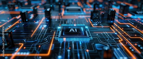 On the circuit board covered with orange and blue interwoven lines, the word 