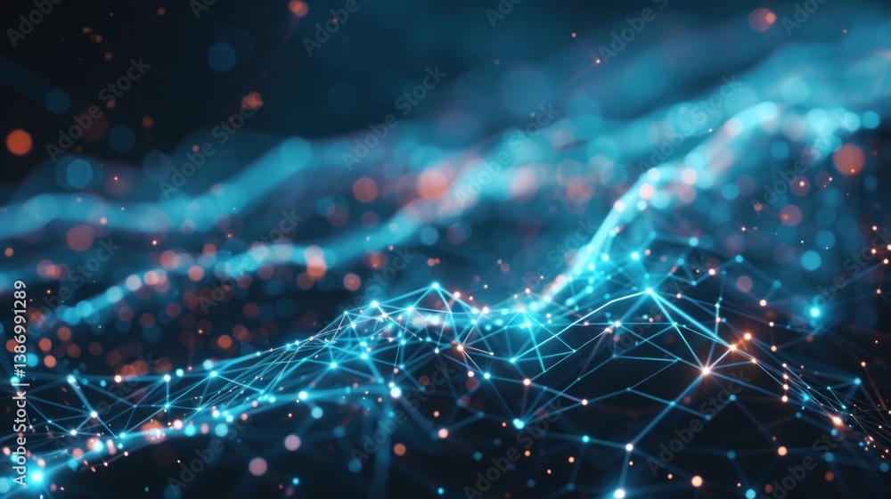 Obraz premium Technology connected particles wave technology lines dots glowing. AI generated image