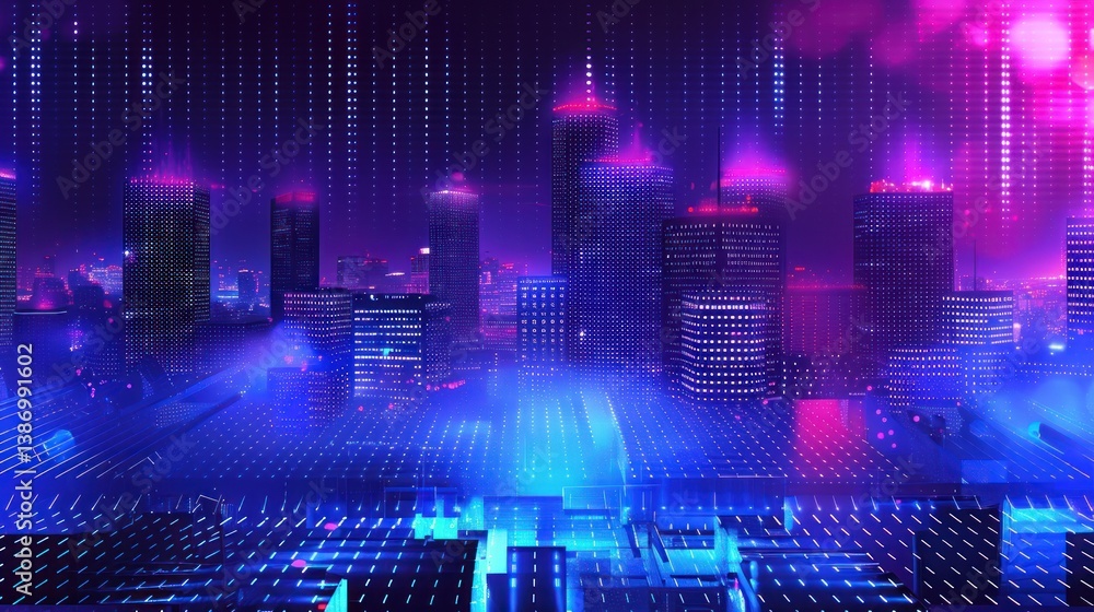 Fototapeta premium A cityscape with a purple sky and buildings lit up in neon colors