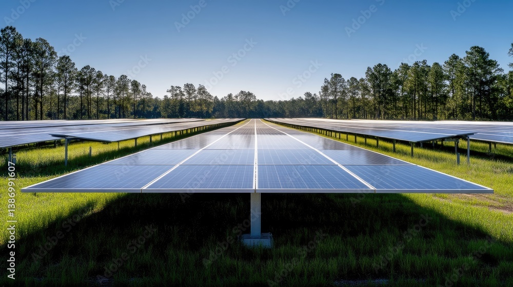 Fototapeta premium Solar panels array stretches across a field, under a clear sky