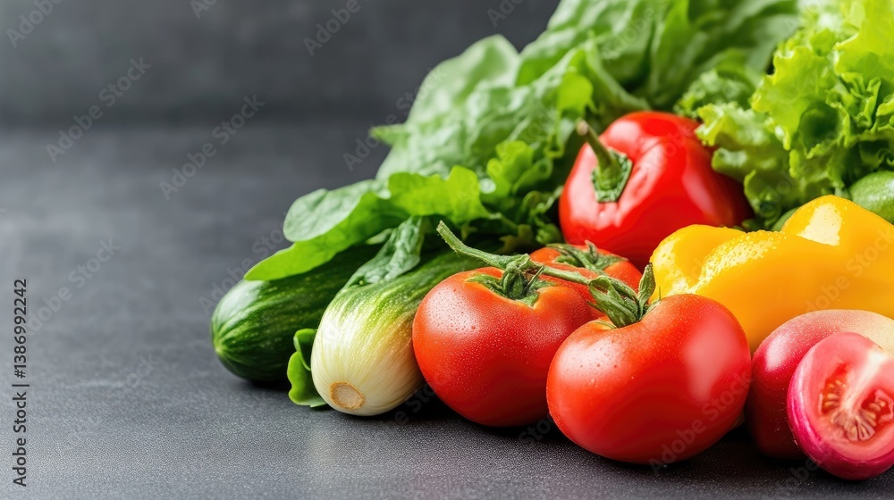 Fresh vibrant vegetables, colorful and healthy. A selection of crisp and juicy produce, including various peppers, tomatoes, cucumbers, lettuce, and spinach, arranged on a dark surface Fresh vibrant vegetables, colorful and healthy. A selection of crisp and juicy produce, including various peppers, tomatoes, cucumbers, lettuce, and spinach, arranged on a dark surface