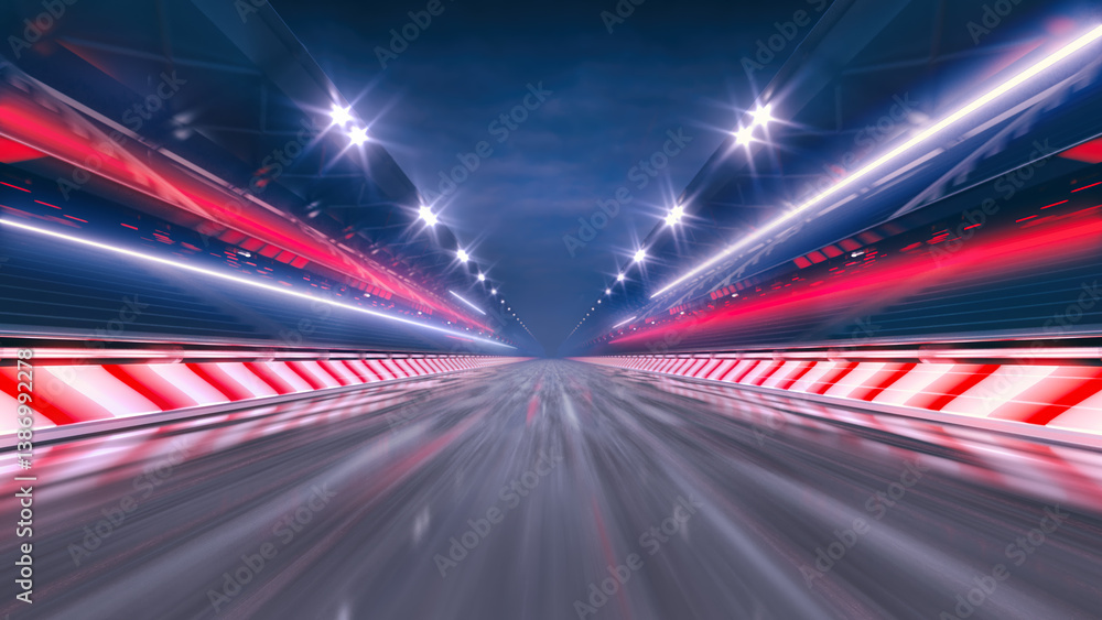 Fototapeta premium Very Fast Driving on a Race Track on a Neon Lit Racing Circuit. Professional 3D illustration for sports advertising.