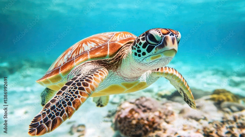 Fototapeta premium Majestic Sea Turtle Gliding Gracefully Through Crystal-Clear Ocean Waters