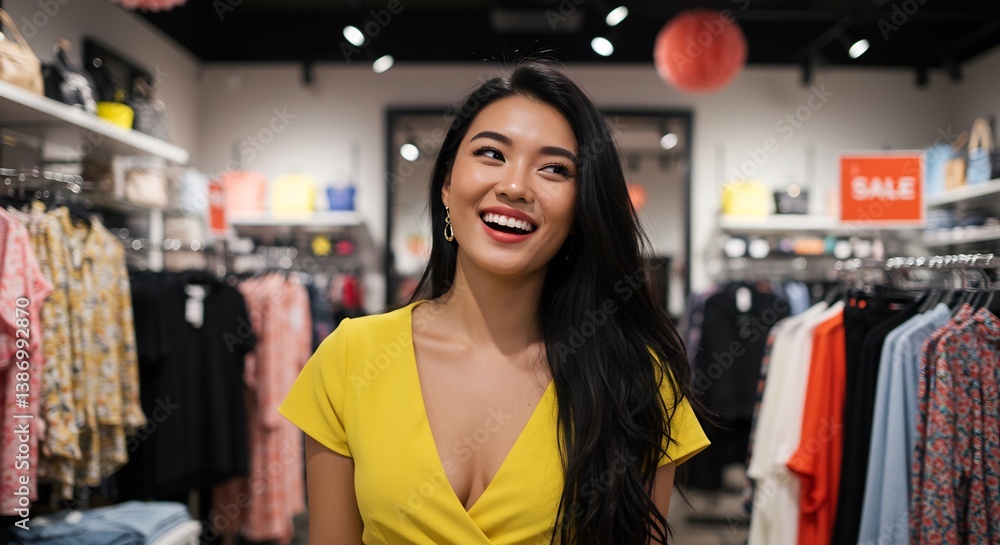 明るい店内で笑顔輝く女性 黄色の服 きれいな照明 明るい店内で笑顔輝く女性 黄色の服 きれいな照明
