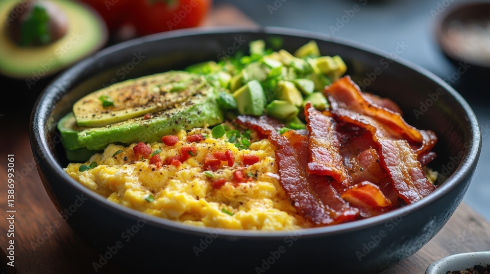 A hearty breakfast bowl with scrambled eggs, bacon, and avocado. Featuring protein, flavor, and nutrition A hearty breakfast bowl with scrambled eggs, bacon, and avocado. Featuring protein, flavor, and nutrition