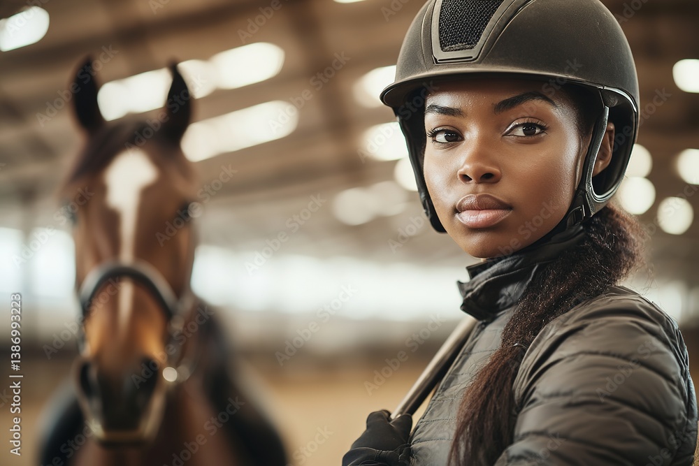 Confident equestrian with horse in stable, focus on woman Confident equestrian with horse in stable, focus on woman