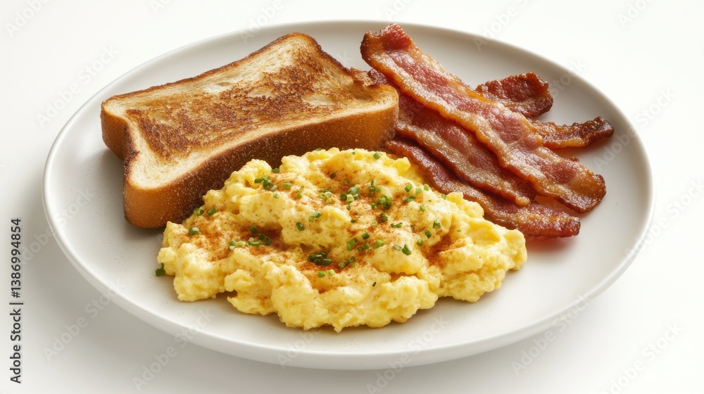 A hearty breakfast of scrambled eggs, toast, and bacon. Featuring comfort and simplicity A hearty breakfast of scrambled eggs, toast, and bacon. Featuring comfort and simplicity