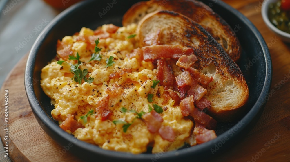 A hearty breakfast of scrambled eggs, toast, and bacon. Featuring comfort and simplicity A hearty breakfast of scrambled eggs, toast, and bacon. Featuring comfort and simplicity