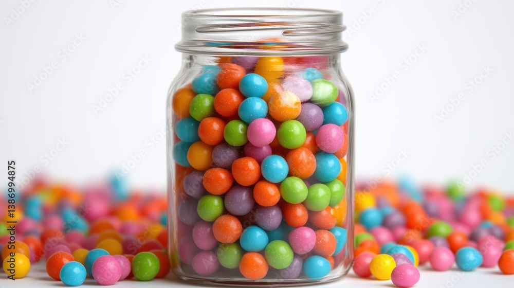 A glass jar filled with vibrant, assorted candies in various colors on a white background. A glass jar filled with vibrant, assorted candies in various colors on a white background.