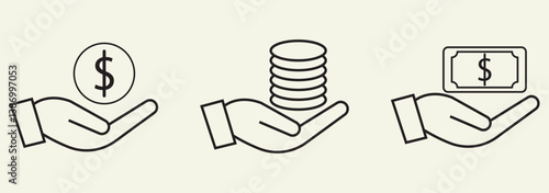 save money icon, salary money, invest finance, hand holding dollar, Hand holding a dollar icon, Affordable line icon vector set. Hand holding a dollar sign icon set