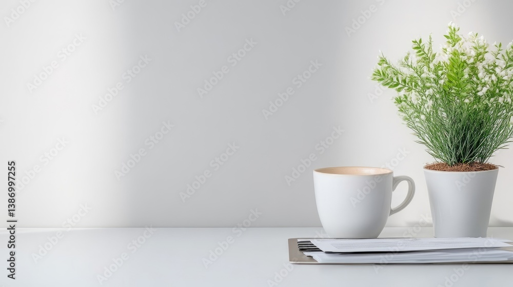 A white mug and potted plant sit on a white desk. Papers rest on a clipboard nearby. The image is brightly lit, creating a clean, minimalist aesthetic. Soft, neutral colors evoke calmness. The back A white mug and potted plant sit on a white desk. Papers rest on a clipboard nearby. The image is brightly lit, creating a clean, minimalist aesthetic. Soft, neutral colors evoke calmness. The back