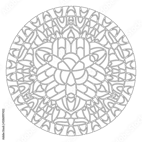 Symmetrical pattern in Tantric yoga of Buddhism and Hinduism. Contour mandala ornament for coloring and scrapbooking. A design element for the development of a color composition
