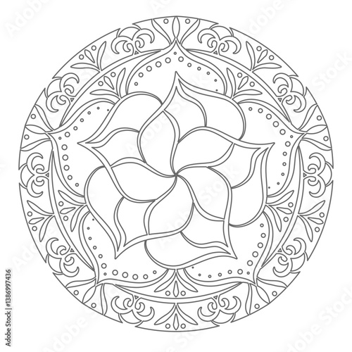 Contour mandala ornament for coloring and scrapbooking. Symmetrical pattern in Tantric yoga of Buddhism and Hinduism. A design element for the development of a color composition