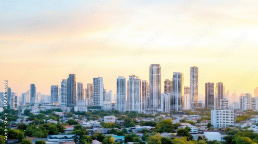 Cityscape at sunset, blurred view of high-rise buildings and residential areas Cityscape at sunset, blurred view of high-rise buildings and residential areas
