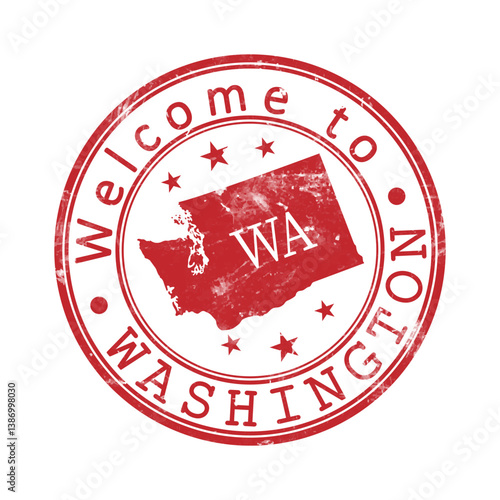 Welcome to Washington. A worn stamp with a silhouette of the state and an abbreviated designation. Print impression, a template for creative design