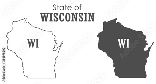 Wisconsin. The outline and silhouette of the state with the abbreviated abbreviation of the name. The state border. A template for the design of printed products