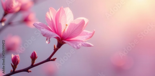 Wallpaper Mural A Delicate Pink Blossom with a Morning Dewdrop, Softly Illuminated by the Rising Sun's Gentle Glow Torontodigital.ca