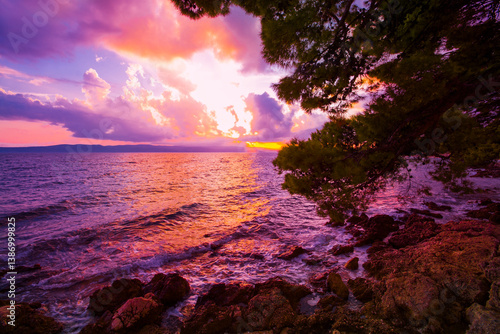 Fototapeta Naklejka Na Ścianę i Meble -  spectacular morning landscape in Croatia, Brela resort, Makarska riviera, Dalmatia, Europe	