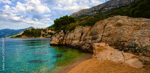 Fototapeta Naklejka Na Ścianę i Meble -  scenic morning landscape in Croatia, Brela resort, Makarska riviera, Dalmatia, Europe	