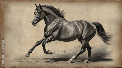 A vintage pencil drawing of a majestic horse in motion, sketched on an old, time-worn paper with rough edges and subtle discoloration, capturing the elegance of 19th-century artwork,Generative Ai
