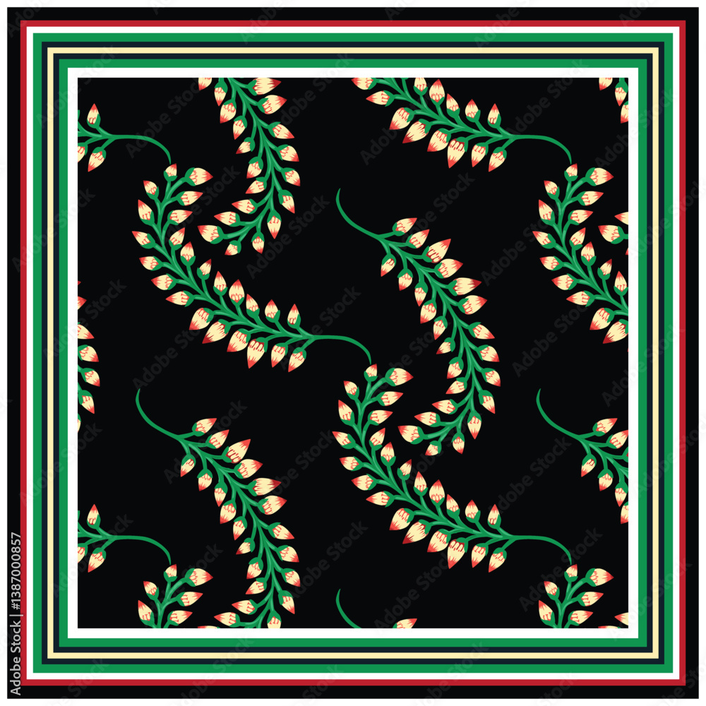 Fototapeta premium A square print scarf, black background features intertwining green vines with pink buds, framed by colorful stripes, it could be used as a wallpaper, fabric design, pillow cover and bag