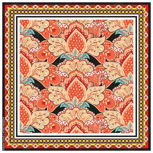 square print floral scarf print, pattern in warm colors, featuring large blossoms and leaves, border with geometric designs in contrasting hues.