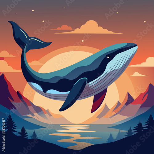 Whale breaching at sunset over a serene lake surrounded by mountains and forests in a vibrant, colorful landscape Generative AI