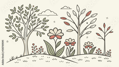 Botanical illustration of trees and flowers in a scenic landscape during daytime Generative AI