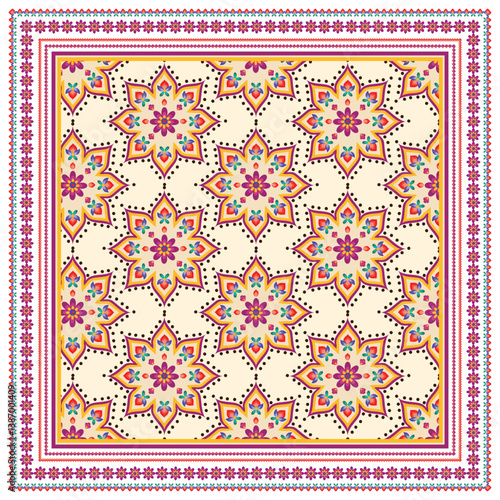 A vibrant square print scarf pattern featuring colorful floral stars on a cream background, border with intricate geometric designs, it could be used as a wallpaper, fabric design, pillow cover 