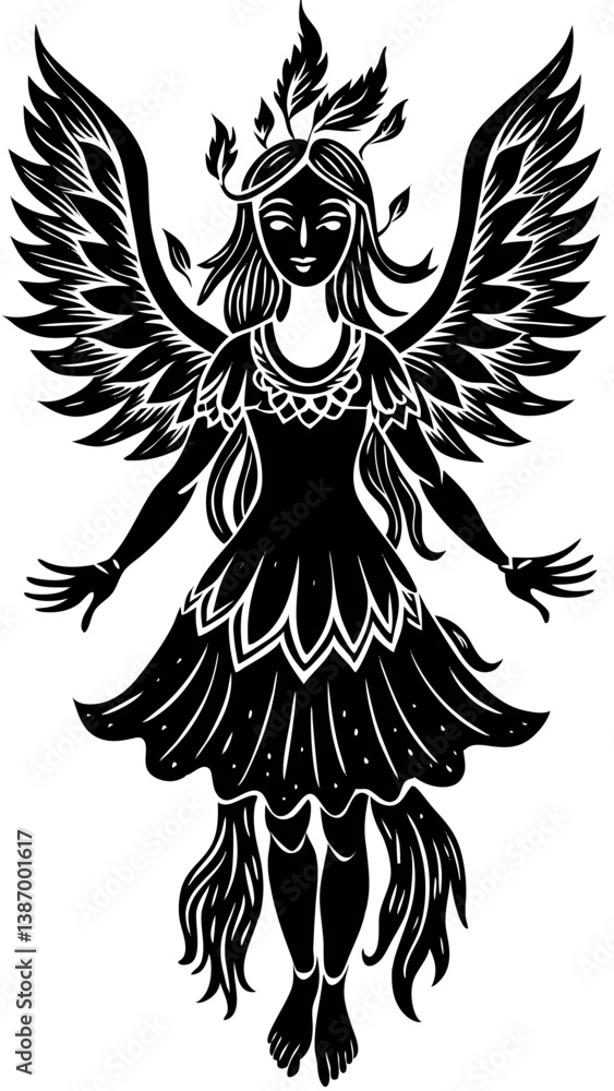 Obraz premium Ethereal figure with wings and flowing dress represents nature and freedom in artistic black silhouette design Generative AI